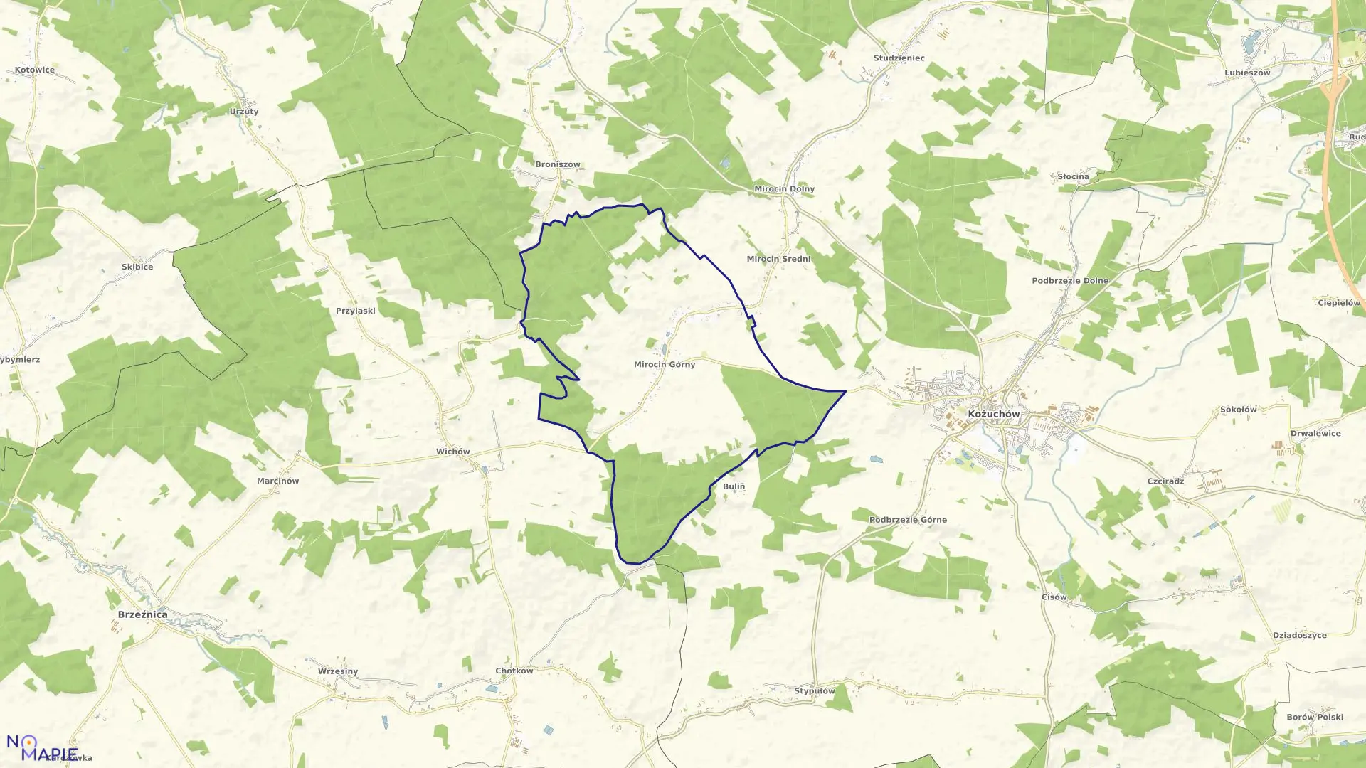 Mapa obrębu MIROCIN GÓRNY w gminie Kożuchów